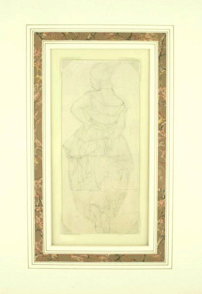 James Jacques Joseph Tissot Pencil Drawing: Beautifully rendered original pencil drawing, standing woman in a ruffled dress, possibly dancing, signed upper right. Attributed to James Jacques Joseph Tissot (1836-1902). 10 5/8 x 4 5/8 inches. Con
