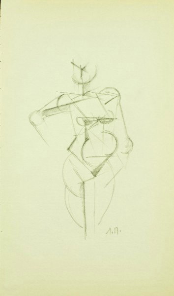 Liubov Popova (1889-1924) Cubist Drawing: Original pencil or charcoal drawing on yellowed laid paper (probably removed from a drawing sketchbook), female cubist figure, signed with the artist's initials in Cyrillic. Attributed to Liubov Serge