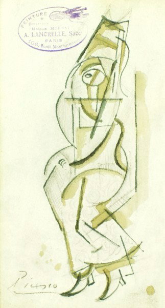 Pablo Picasso (1881-1973) Cubist Drawing: Original pencil and charcoal drawing with waterolor or ink wash, cubist figure, executed on the end cover of a French sketchbook. Signed. Attributed to Pablo Picasso (1881-1973). 7 7/8 x 4 1/4 inches.