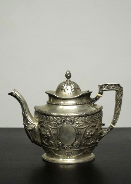 German Antique Silver Coffee Pot: Nicely modelled silver (marked 800) coffee or teapot, probably German, circa late 19th century. Good overall condition. Length 9 1/2 inches. Height 7 inches.