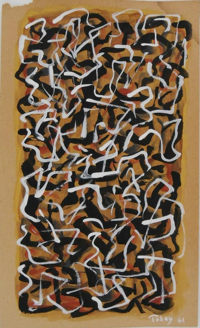 Mark Tobey (1890-1976) Watercolor & Gouache: Watercolor and gouache on thin cardboard, untitled abstract, signed lower right and dated '61 (*Mark Tobey, 1890-1976). 7 3/4 x 4 5/8 inches. Good condition overall, having a small right hand margin r