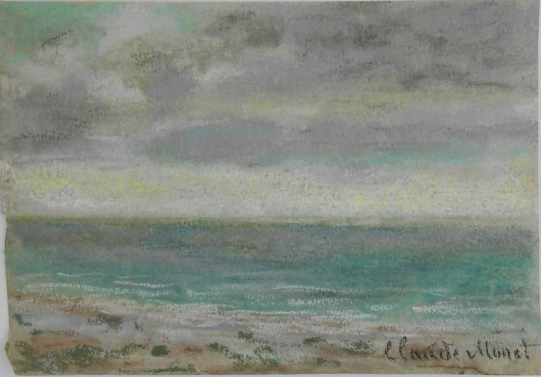 Claude Monet (1840-1926) Pastel: Pastel on blue-grey colored wove paper, seascape with cloudy sky, signed (*Claude Monet, 1840-1926). 5 x 7 1/4 inches. Very good condition overall, having no visible damage or repairs. Removed from fr