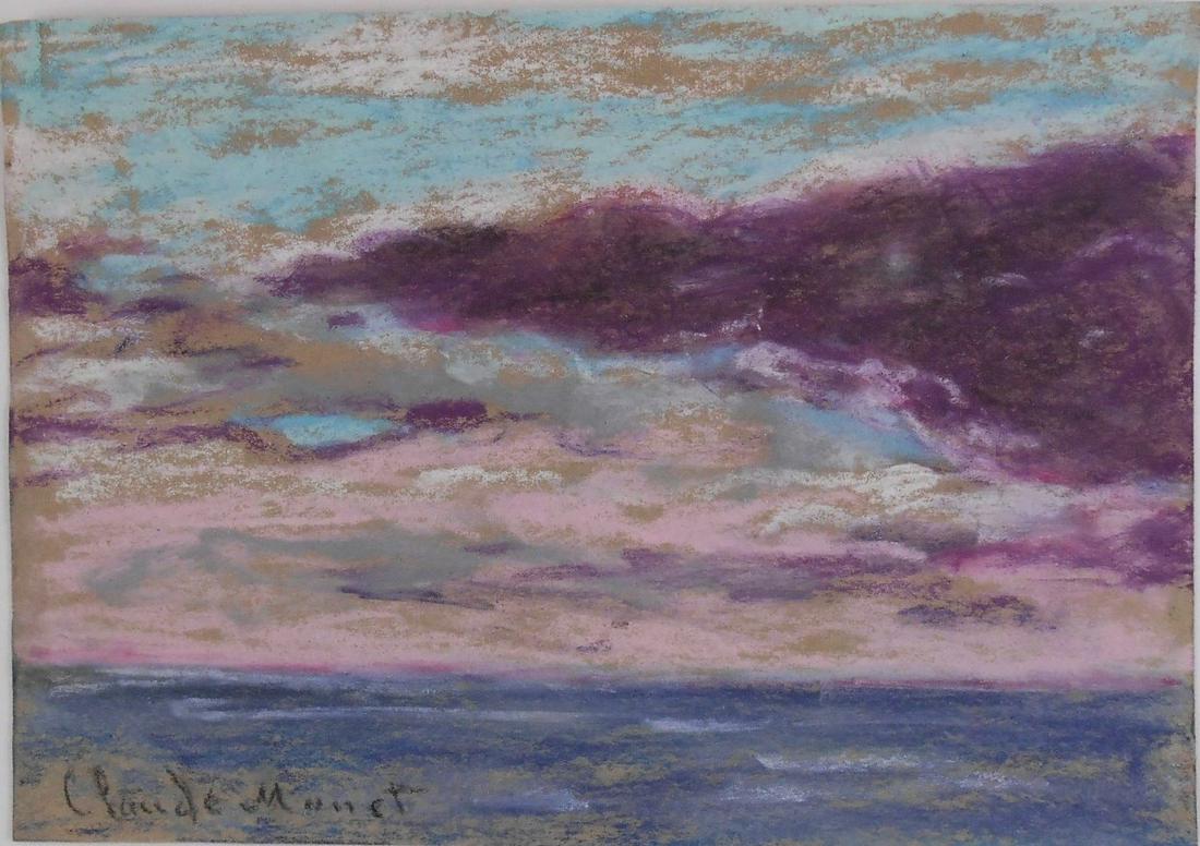 Claude Monet (1840-1926) Pastel: Pastel on colored wove paper, seascape with cloudy sky, signed (*Claude Monet, 1840-1926). 4 5/8 x 6 5/8 inches. Very good condition overall, having no visible damage or repairs. Removed from frame fo