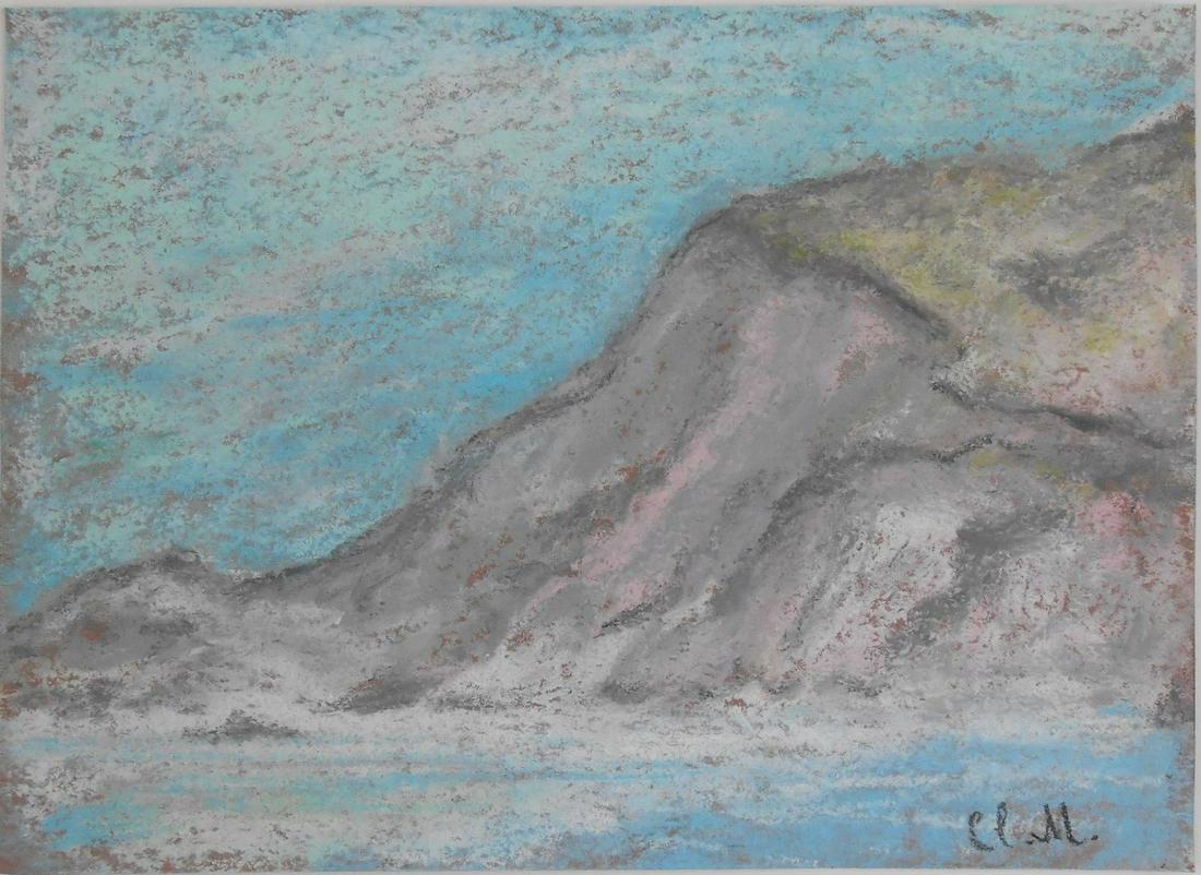 Claude Monet (1840-1926) Pastel: Pastel on rose-colored wove paper, seascape with jutting cliff, signed (*Claude Monet, 1840-1926). 5 x 6 7/8 inches. Very good condition overall, having no visible damage or repairs. Removed from fram