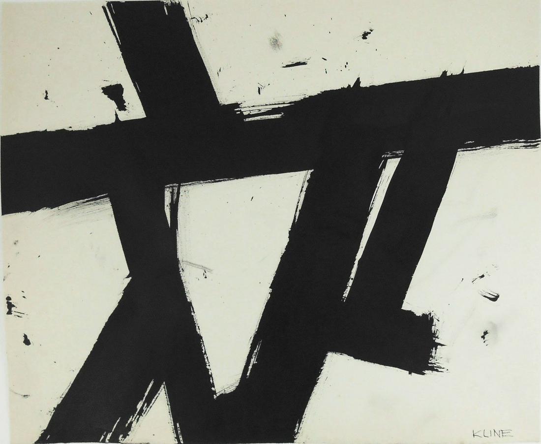 Franz Kline (1910-1962) Ink Abstract: Black ink drawing on wove paper, untitled abstract, signed (*Franz Kline, 1910-1962). 13 x 15 5/8 inches. Very good condition overall, having no apparent damage or repairs. Removed from frame for insp