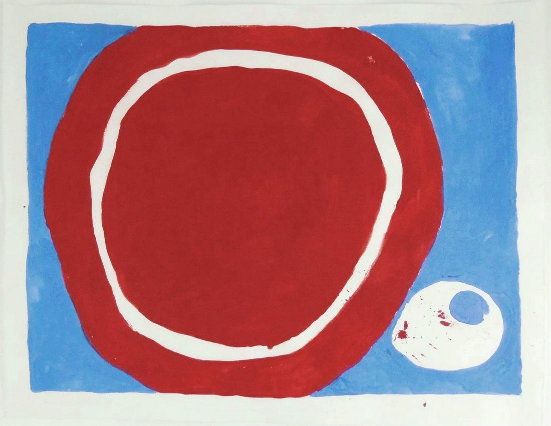 Jiro Yoshihara (1905-1972) Gouache On Paper: Red and blue gouache with traces of pencil on handmade wove (possibly Asian) paper, untitled abstract with circles, signed* on the reverse (Jiro Yoshihara, 1905-1972). 14 3/4 x 18 7/8 inches. Very goo