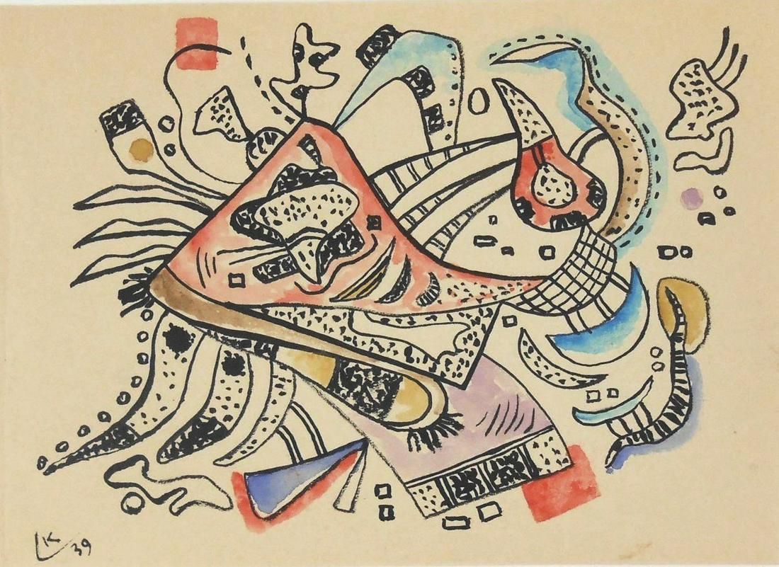 Wassily Kandinsky (1866-1944) Ink & Watercolor: Watercolor with black ink on a sheet of wove sketchbook paper, untitled abstract with geometric and biomorphic shapes and figures, signed with the artist's monogram (*Wassily Kandinsky, 1866-1944). Da