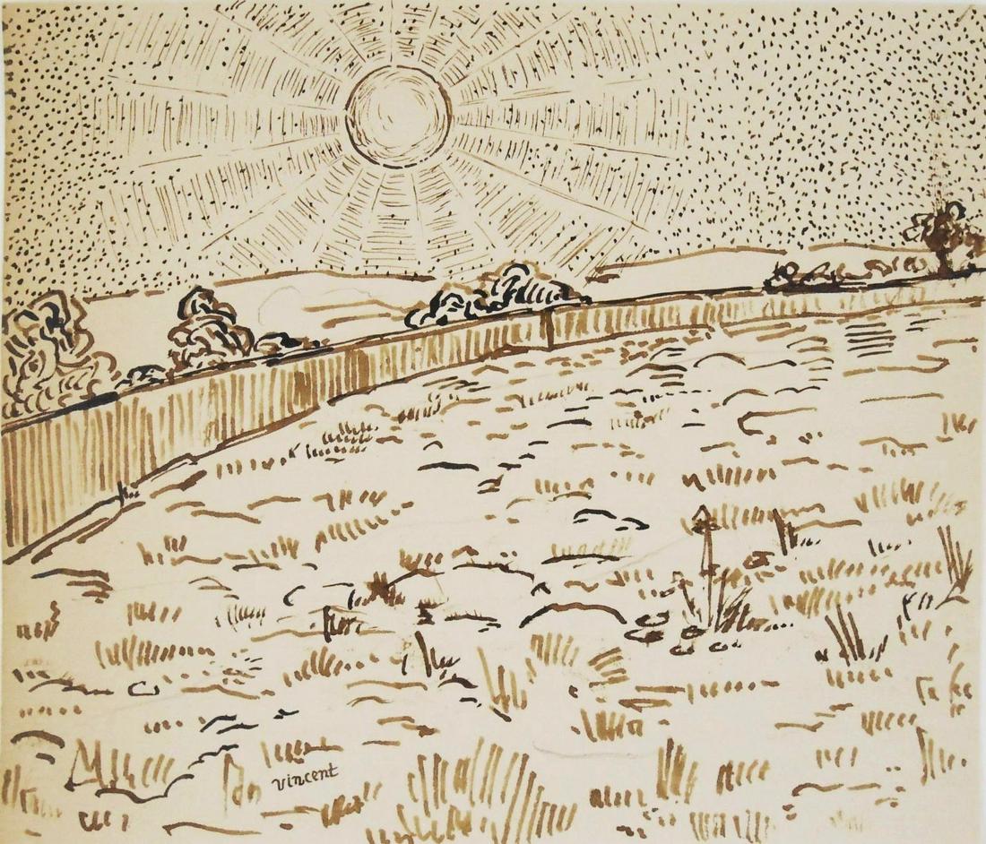 Vincent Van Gogh (1853-1890) Pen & Ink Drawing: Brown ink drawing on laid paper, landscape with fence and sun, signed (*Vincent van Gogh, 1853-1890). 6 1/2 x 7 1/2 inches. Very good condition, having no apparent damage or repairs. Unframed for insp