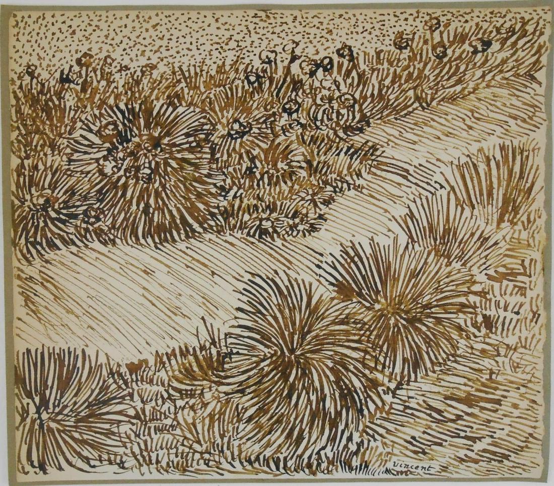 Vincent Van Gogh (1853-1890) Ink Drawing: Brown ink drawing on laid paper glued to mount, field with bushes, signed (*Vincent van Gogh, 1853-1890). 7 3/4 x 8 3/4 inches (not including mount). Very good condition overall. No visible damage or 