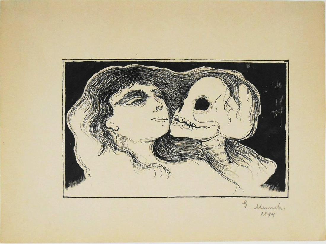 Edvard Munch (1863-1944) Ink Drawing: Black ink drawing on wove paper, The Dream, pencil signed and dated 1894 (*Edvard Munch, 1863-1944). 8 3/4 x 11 3/4 inches. Very good condition, having no visible damage or repairs. Removed from frame