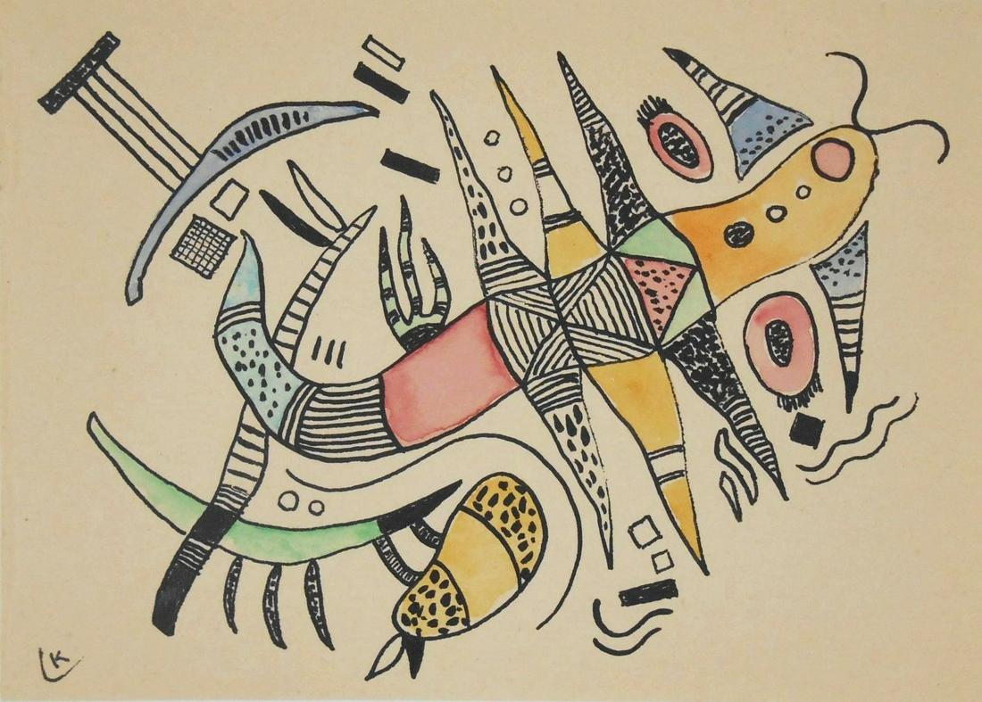 Wassily Kandinsky (1866-1944) Ink & Watercolor: Watercolor with black ink on a sheet of wove sketchbook paper, untitled abstract with geometric and biomorphic shapes and figures, signed with the artist's monogram (*Wassily Kandinsky, 1866-1944). 4 