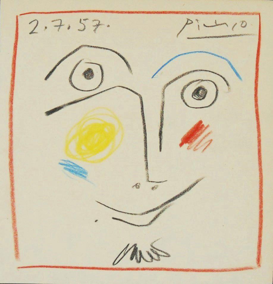 Pablo Picasso (1881-1973) Colored Pencil Drawing: Colored pencil drawing on smooth cream-color wove paper, Face, signed and dated (*Pablo Picasso, 1881-1973). 4 3/4 x 4 5/8 inches. Very good condition overall. No apparent damage. Has been removed fro
