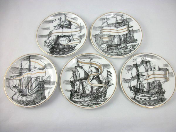 Set Of Fornasetti Transfer-Printed Coasters: Set of five coasters made exclusively for Bonwit Teller. Dia. 4 1/8 inches. Excellent condition.