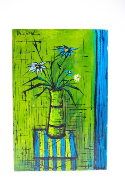 European Oil Painting: Indistinctly signed, still life, in the manner of Bernard Buffet. 36 x 24 inches.