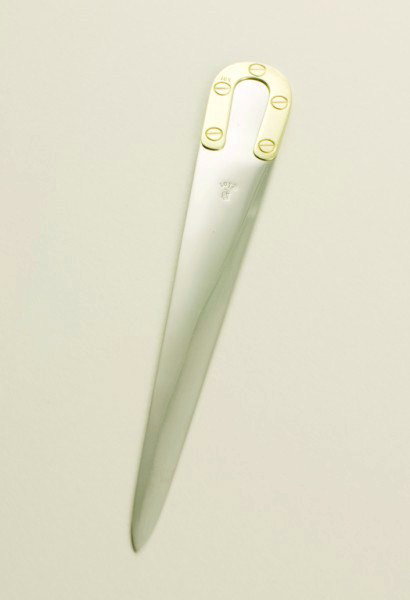 Eloi Pernet Steel & 18KT Gold Letter Opener: Exceptional stainless steel and 18KT yellow gold Eloi Pernet letter opener. Made in France, circa mid 20th century. L. 6 1/4 inches. Excellent condition. Lot Note: LOUIS ELOI PERNET, THE FOUNDER OF EL