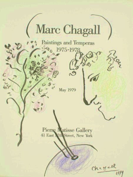 Chagall Exhibition Catalog With Original Drawing: Original black ink and crayon drawing, self portrait with palette, attributed to Marc Chagall ( 1887-1985), executed on the title page of "Marc Chagall: Paintings and Temperas 1975-1978," published by