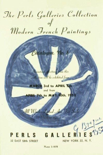 Georges Braque Exhibition Catalog With Drawing: Original blue ink (or possibly watercolor) drawing, bird, attributed to Georges Braque (1882-1963), executed on the title page of "The Perls Galleries Collection of Modern French Paintings," published