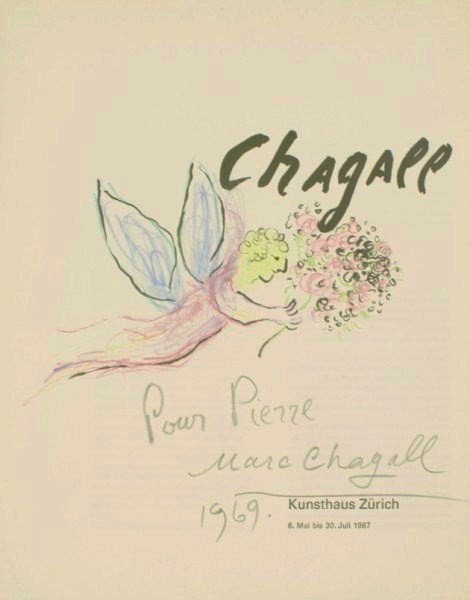 Chagall Exhibition Catalog With Original Drawing: Original colored chalk or pencil drawing, untitled, attributed to Marc Chagall (1887-1985), executed on the title page of "Chagall," published for an exhibit of the artist's work held in 1967. Drawing