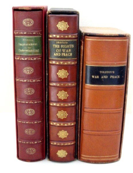 Lot Of Three Books: Improvement of the Understanding, M. Walter Dunne, Publisher "The Rights of War And Peace," M. Walter Dunne, Publisher "War And Peace" by Leo Tolstoy, The Heritage Press, New York Custom leather bindi
