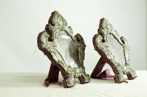 Pair Of Italian Dressing Table Mirrors, 18th C.: Interesting pair of dressing table mirrors, silver or silvered-metal frames (unmarked). Probably Italian or southern European, circa late 18th or early 19th century. H. 12 1/2 inches. W. 12 inches.Lot