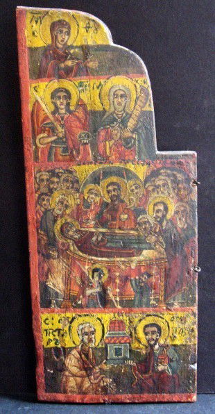 Russian 17th Century Triptych Panel: Egg tempera on wood, probably circa early 17th century. One panel from a three-panel triptych. H. 13 inches. W. 5 1/2 inches.Lot Note: According to an opinion from Bonhams, London, this panel may be "