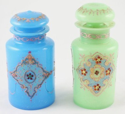 Persian-Inspired Opaline & Enameled Glass Jars: Two exquisite and rare opaline glass bottles in the Persian taste, possibly French, each having brilliant polychrome applied enamel floral and gilt decoration. Circa third or fourth quarter 19th centu