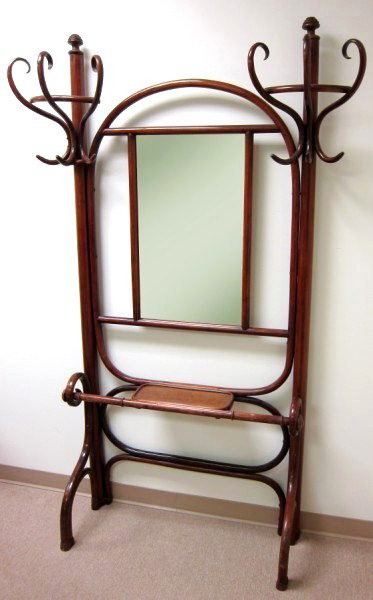 Thonet Bentwood Halltree: Thonet bentwood halltree with mirror back, circa 1900. H. 80 1/2 inches. W. 37 inches. D. 18 inches.