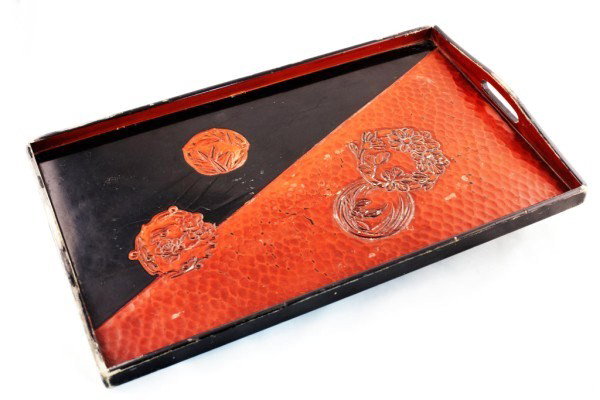Lacquer Serving Tray, Occupied Japan: Attractive cinnabar and black lacquer serving tray, Made in Occupied Japan. 11 3/4 x 18 7/8 inches.