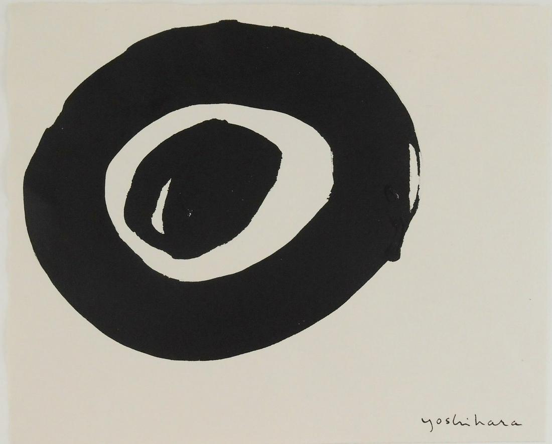 Jiro Yoshihara (1905-1972) Ink Drawing: Black ink drawing on laid paper, circles, signed (*Jiro Yoshihara, 1905-1972). 7 1/4 x 8 7/8 inches. Very good condition. Unframed for inspection and shipping. Sold unframed. *Provenance: Colonel Norm