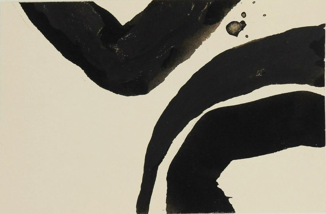 Jiro Yoshihara (1905-1972) Ink Drawing: Black ink drawing on wove paper, abstract with partial circles, signed on the reverse (*Jiro Yoshihara, 1905-1972). 4 5/8 x 7 1/8 inches. Very good condition. Unframed for inspection and shipping. Sol