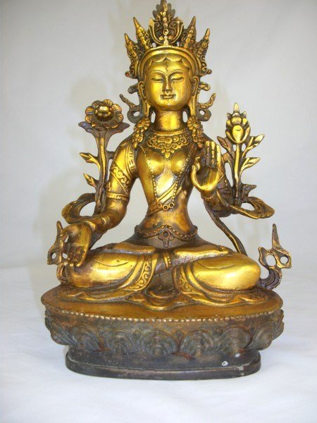 Gilt-Bronze Figure, Late Ming Dynasty: Gilt-bronze seated diety, appraised as late Ming or early Qing Dynasty, but possibly later. Gilt finish may be a later addition and has been lacquered. H. 8 1/4 inches. Very good condition. Important 