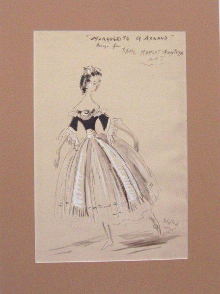 Cecil Beaton (1904-1980) Watercolor: Original costume design for Margot Fonteyn, "Marguerite and Armand," by Cecil Beaton. Watercolor and gouache. Inscibed and signed (lower right). 21 1/2 x 14 1/2 inches. Matted but not framed. Very goo