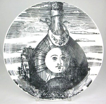 Fornasetti Decorative Plates, Circa 1955-60.: Group of eight (from a set of 12) transfer-decorated black and white plates by Fornasetti. Each depicting a different sunburst design, probably representing the 12 months of the year. A very scarce se