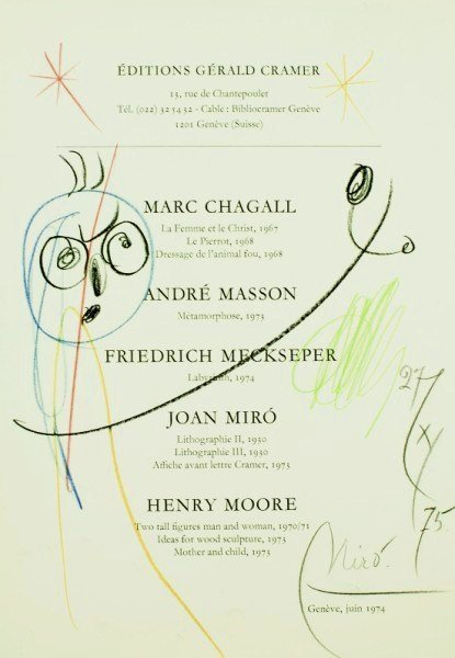 Joan Miro (1893-1983) Crayon Drawing: Original crayon drawing on title page of an exhibition catalog published by Gerald Cramer, June 1974, attributed to Joan Miro. Signed and dated. 11 3/4 x 8 1/8 inches. Excellent condition. Matted but 