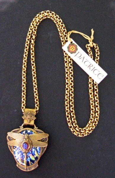Designer Dragonfly Pendant & Chain: Beautiful antiqued brass pendant set with Bavarian "black opal" glass, circa 1990, by Patrice. Length of chain: 24 inches. Like new, never worn.