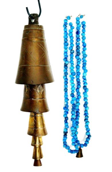 Middle Eastern Camel Bells & Adornments: Group of brass camel bells and camel "jewelry", probably circa early 20th century. Bells: 21 inches long. Jewelry strands: 56 inches long.