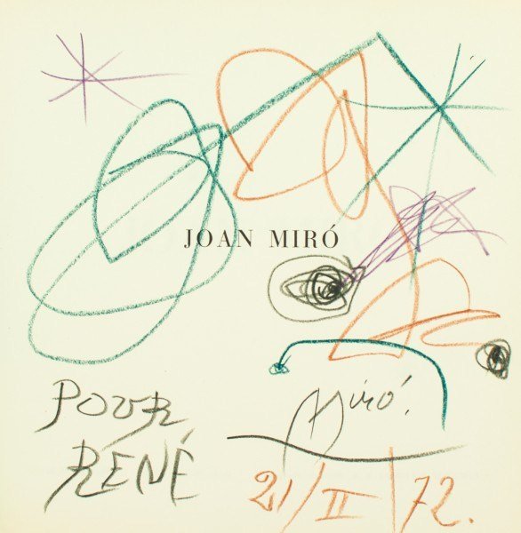 Miro, Title Page Drawing in "Joan Miro", 1972: Original crayon and pencil drawing attributed to Joan Miro (1893-1983), executed on the half-title page of "Joan Miro" by James Johnson Sweeney, Ediciones Poligrafa, Barcelona, circa 1970. French text