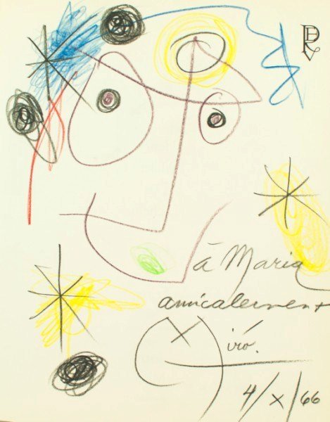 Miro, Original Title Page Crayon Drawing, 1966: Original crayon or colored pencil drawing attributed to Joan Miro (1893-1983), executed on the title page of "Das Lacheln am Fusse der Leiter" (The Smile at the Foot of the Ladder) by Henry Miller, il