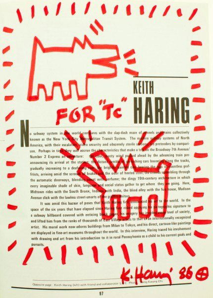 Keith Haring "Pop Underground" Sketch: Original red marker pen sketch attributed to Keith Haring (1958-1990), drawn on an inside page of "Notes from the Pop Underground," edited by Peter Belsito. First edition, published by The Last Gasp o