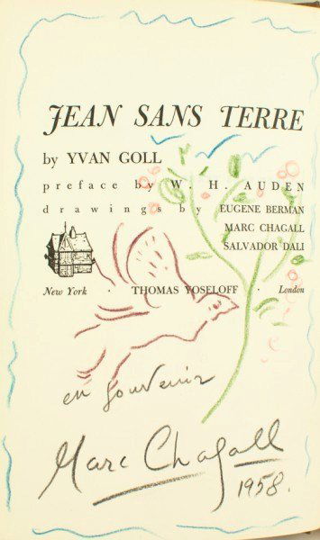 Marc Chagall & Eugene Berman Title Page Drawings: Original ink and colored pencil drawings attributed to Marc Chagall (1887-1985) and Eugene Berman (1899-1972), one executed on the title page and the other on the facing page of "Jean Sans Terre" by Y