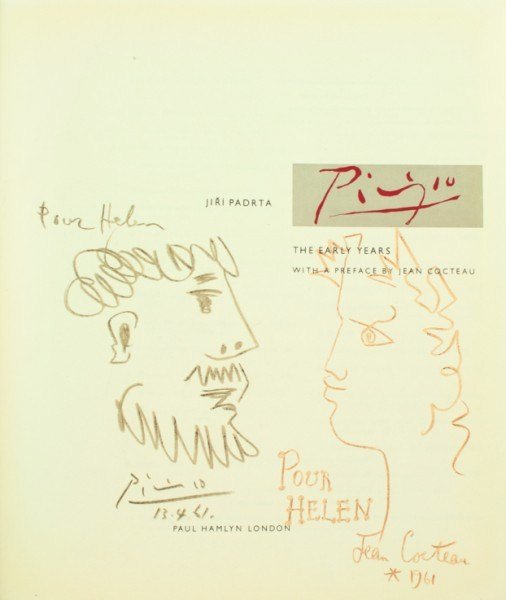 Picasso & Jean Cocteau Title Page Drawings: Two original colored pencil drawings attributed to Pablo Picasso (1881-1973) and Jean Cocteau (1889-1963), executed on the title page of "Picasso: the Early Years" by Jiri Padrta. Preface by Jean Coct