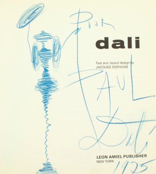 Salvador Dali, Blue Pencil Title-Page Drawing: Original blue pencil drawing attributed to Salvador Dali (1904-1989), executed on the title page of "Dali" by Jacques Dopagne. Published by Leon Amiel Publisher, New York, 1974. Hard cover edition. Dr