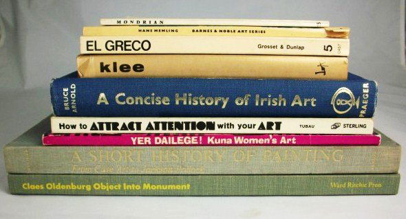 Assorted Art Books: Titles include Mondrian Paintings by Michael Seuphor, Claes Oldenburg, A Concise History of Irish Art, Klee, El Greco, and more.