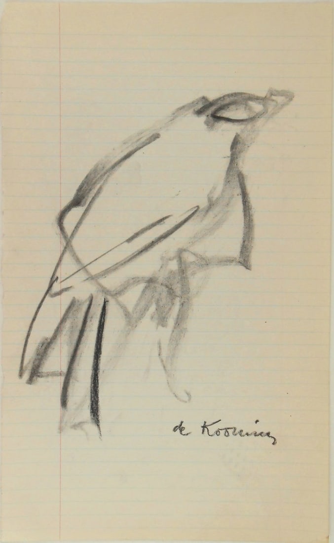 Willem De Kooning* (1904-1997) Charcoal Drawing: Charcoal drawing on ruled paper, untitled (perching bird), signed (Willem de Kooning*, 1904-1997). 11 3/4 x 7 1/8 inches. Very good condition, having no apparent damage or repairs. Has been removed fr