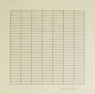 Agnes Martin* (1912-2004) Ink & Pencil Drawing: Ink and pencil drawing on fine laid paper, untitled geometric composition, pencil signed (Agnes Martin*, 1912-2004). 9 x 9 inches. Very good condition, having no apparent damage or repairs. Removed fr