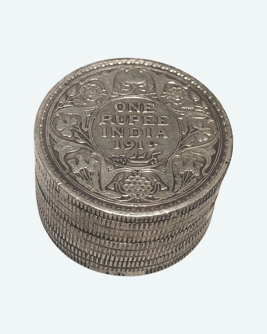 Silver Coin Pill Box, Circa 1919: Round pillbox made from Indian coins from the British Empire, circa 1919 Dia. 1 1/8 inches
