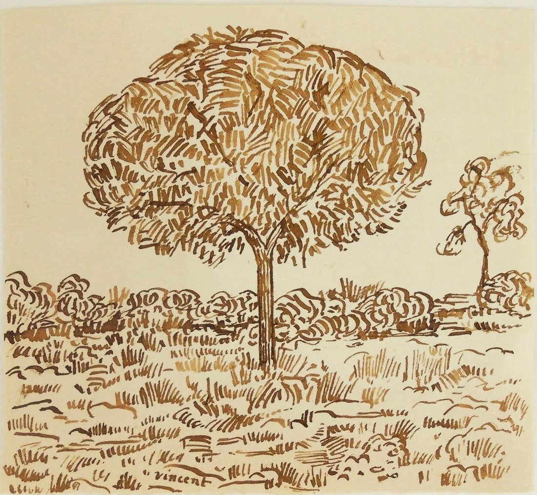 Vincent Van Gogh* (1853-1890) Pen & Ink Sketch. (Unconfirmed. See Disclaimer): Pen and ink sketch on laid paper, landscape centered with a tree, signed (Vincent van Gogh*, 1853-1890). 5 5/8 x 6 1/8 inches. Good condtion overall, having no apparent damage or repairs. Removed from