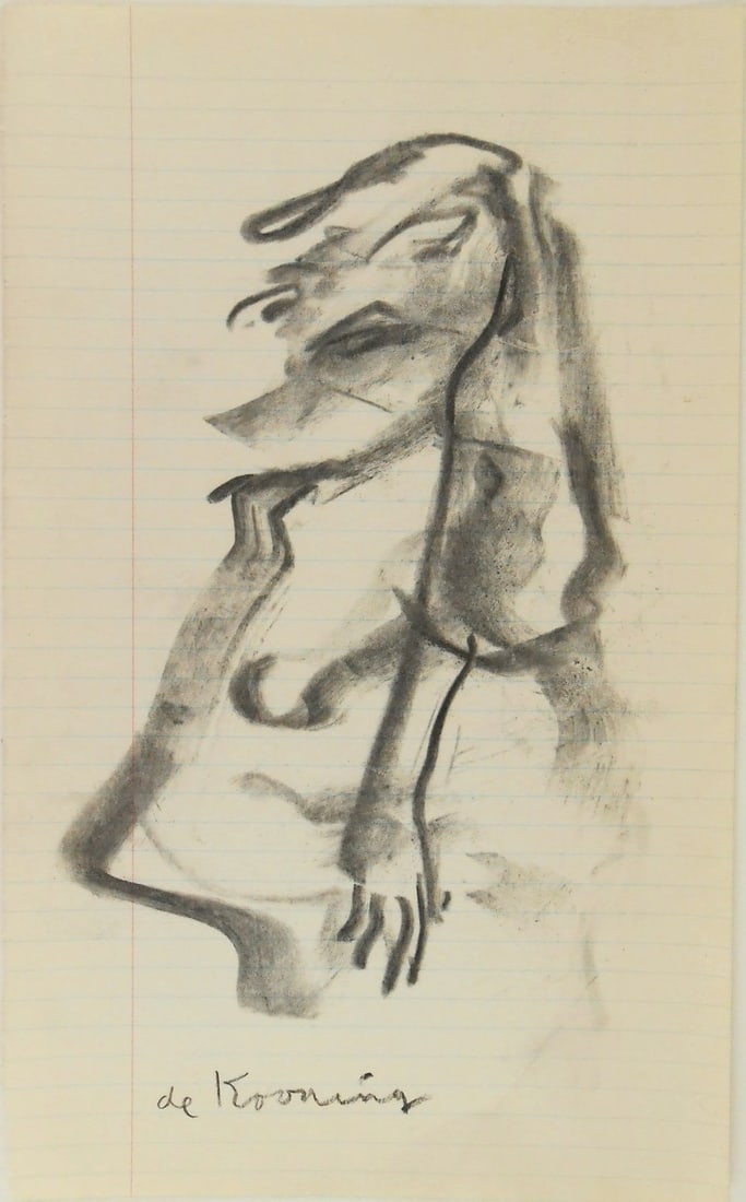 Willem De Kooning* (1904-1997) Charcoal Drawing: Charcoal drawing on ruled paper, untitled (woman), signed (Willem de Kooning*, 1904-1997). 11 3/4 x 7 1/8 inches. Very good condition, having no apparent damage or repairs. Has been removed from frame