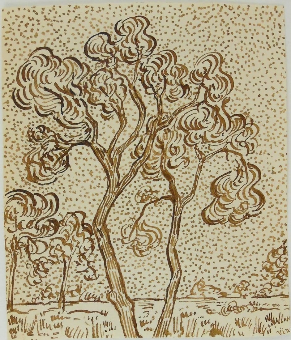 Vincent Van Gogh* (1853-1890) Ink Sketch (Unconfirmed. See Disclaimer): Pen and ink sketch on laid paper, landscape with trees, partial signature (Vincent van Gogh*, 1853-1890). 6 x 5 1/8 inches. Good condtion overall, having no apparent damage or repairs. Probably cut do