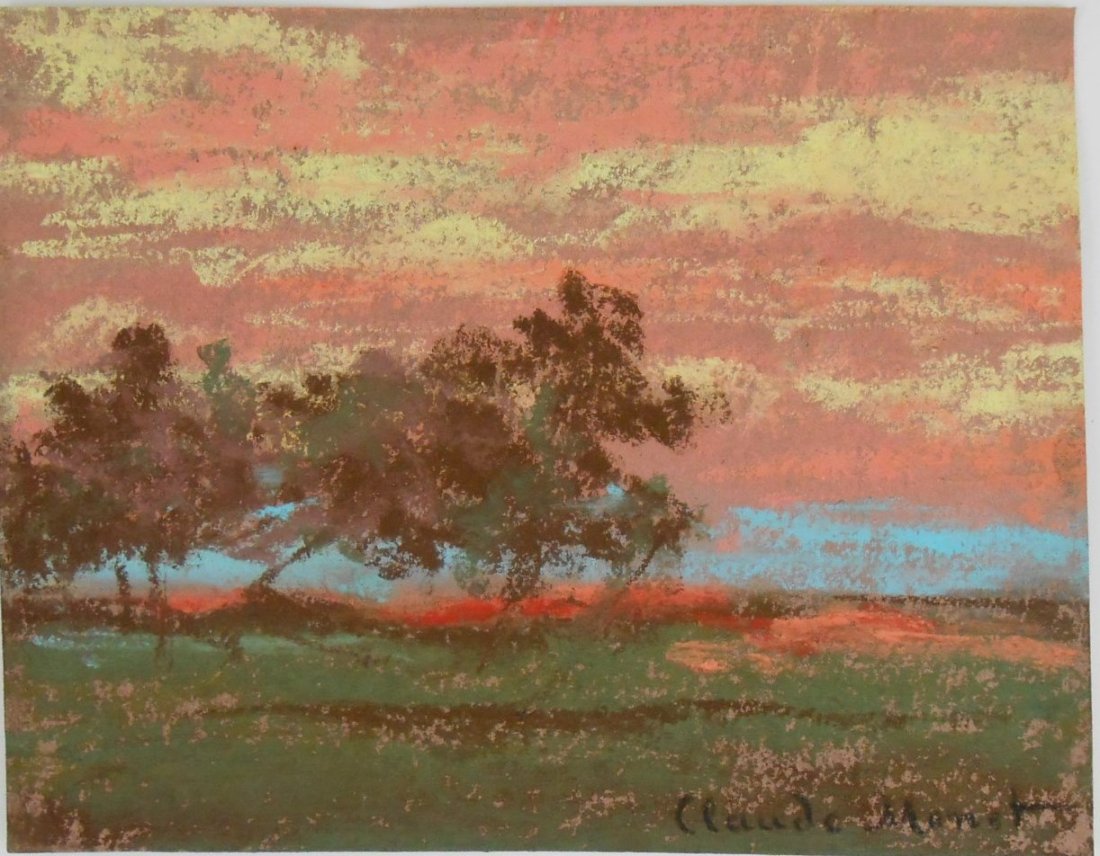 Claude Monet* (1840-1926) Pastel: Pastel on colored wove paper, landscape at sunrise, signed (Claude Monet*, 1840-1926; see disclaimer). 5 1/2 x 7 inches. Very good condition, having no apparent damage or repairs. Has been removed fro